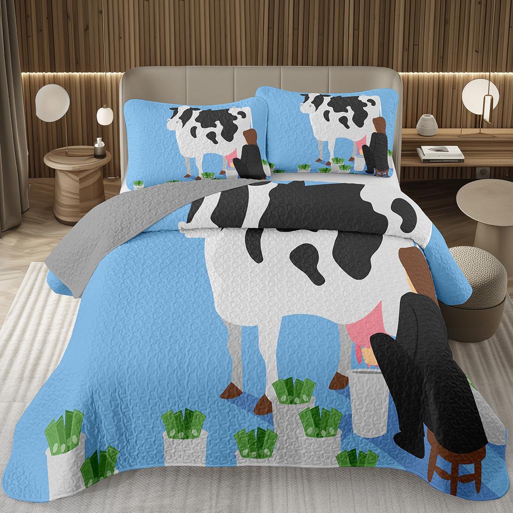 Cute Milk Cow Bedspread Cartoon Wildlife Coverlet Twin King Western Farm Animal Print Quilt Set For Kids Boys Girl Bedroom Decor