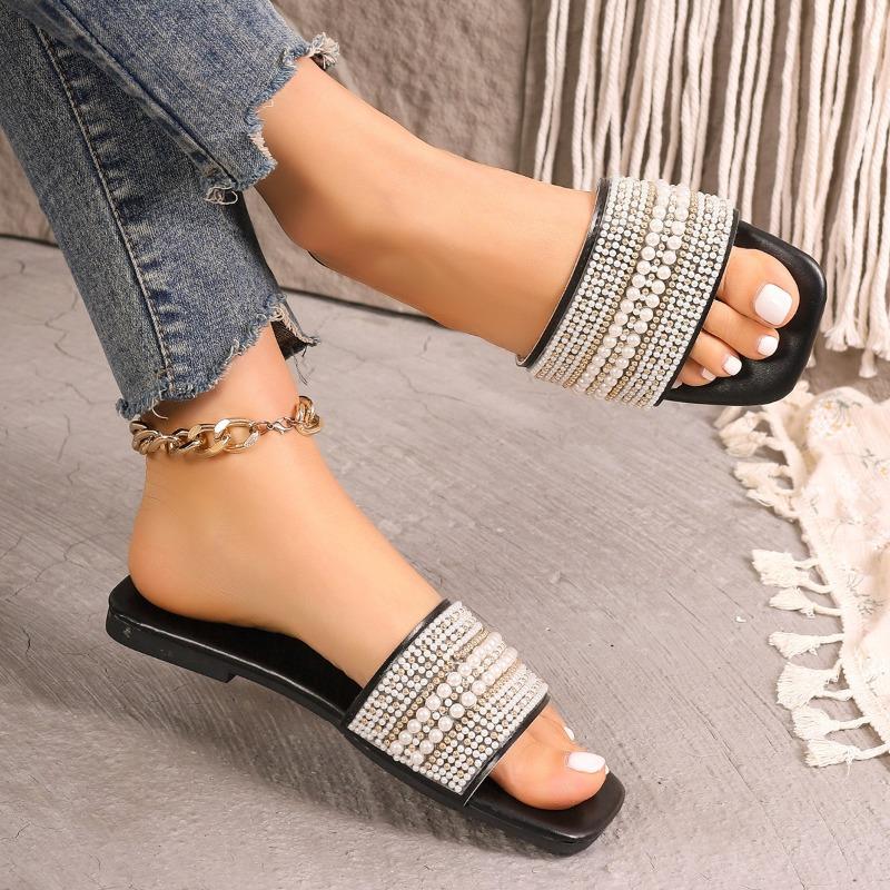 Plus Size Women's Korean Style Solid Color Square Toe One Strap Rhinestone Flat Slip on Slide Sandals