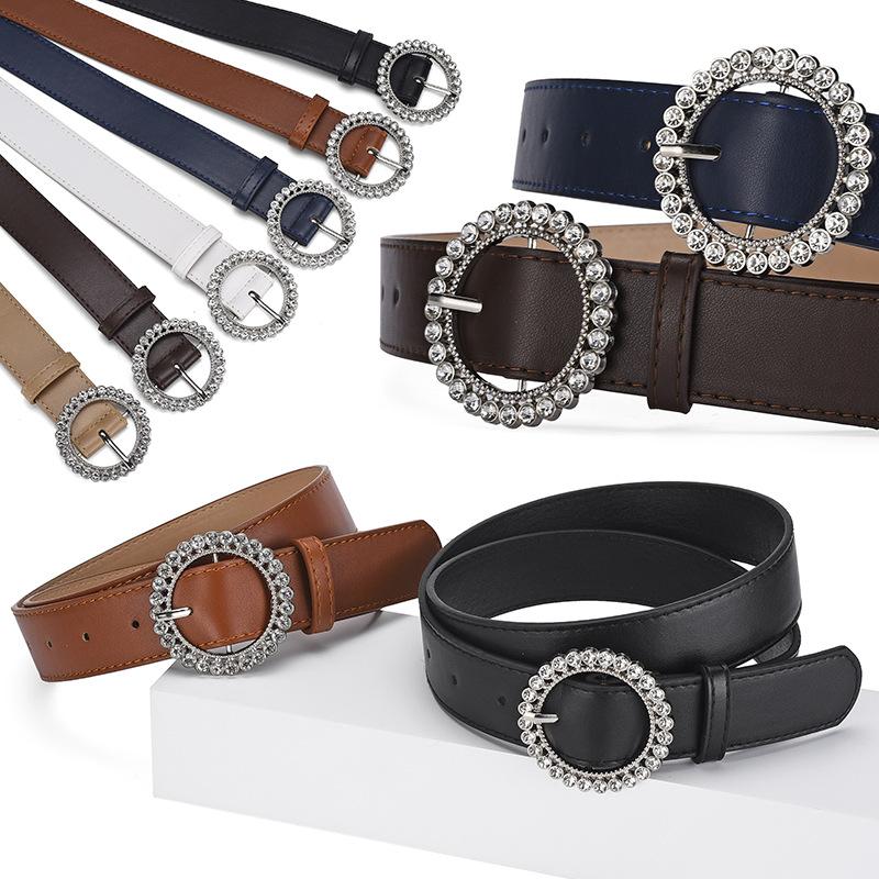 Autumn And Winter Women'S Belt Round Buckle Diamond-Set Literary Decoration Retro Simple Wide Belt Women
