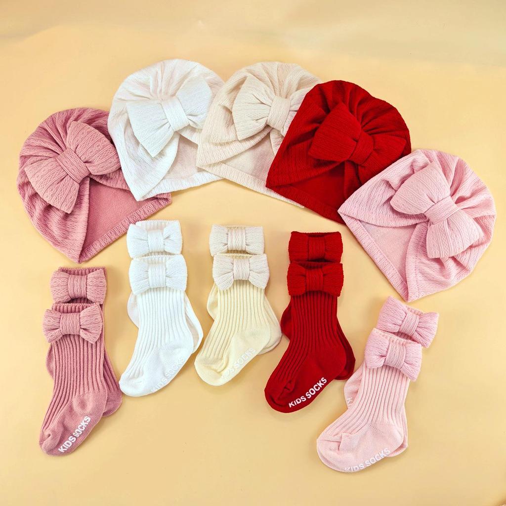 Spring & Autumn Baby Hat and Sock Set with Bow - Newborn Turban and Headband Style