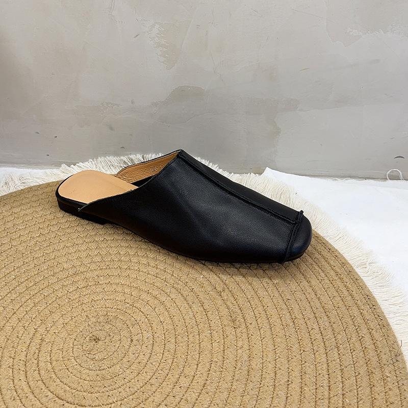 Johnature Retro Splicing Šití Ploché Pantofle Kulatá Špička Pravá Kůže Měkká Podrážka Jednobarevné Dámské Boty