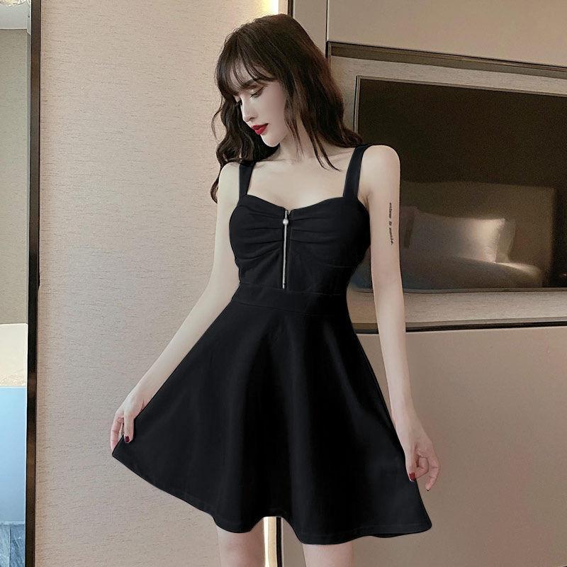 Sexy Dress New Internet Celebrity Live Streaming Host Suspender A-shaped Skirt Slim and Thin Wrinkled Low-cut Zipper Temperament Skirt