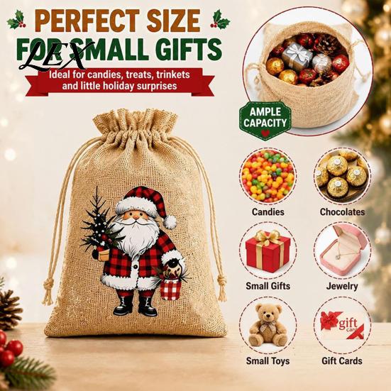 Small Fabric Gift Packaging Christmas Jute Burlap Bags, Drawstring Treat Candy Pouches Bag, Reusable Linen Pouch for Holiday Party Favors Decor