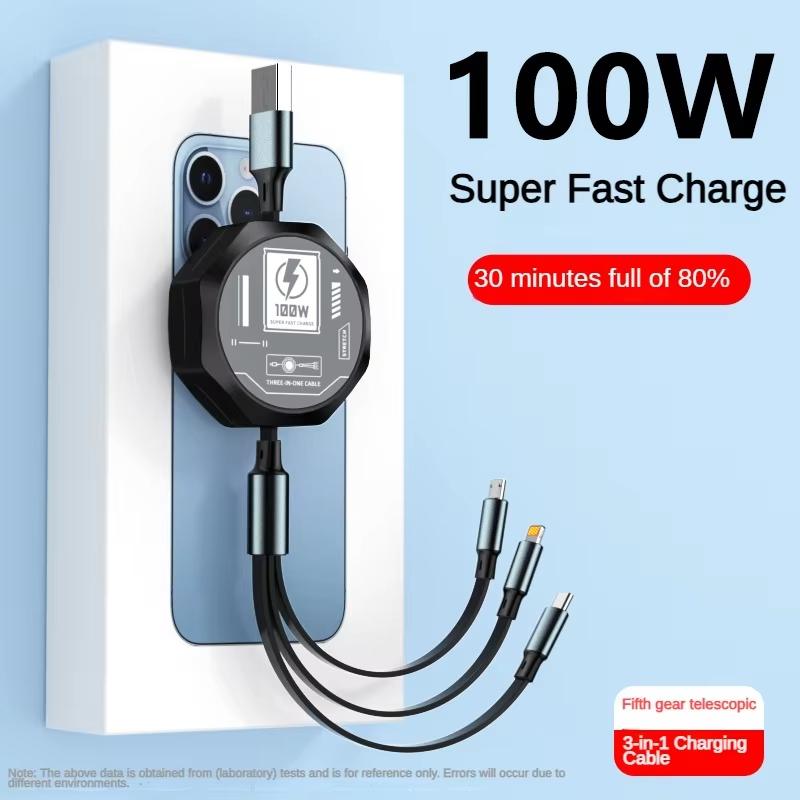 3 In 1 Retractable USB 100W Cable Fast Charging Micro USB 5A Type-C Android Suitable for Huawei Samsung Charging