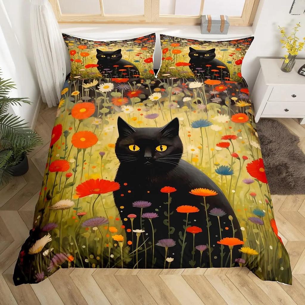 Cartoon Black Cat Duvet Cover Watercolor Flower Bedding Set Pet Animals Botanical Comforter Cover Romantic Rustic Quilt Cover