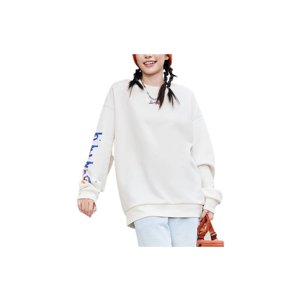 Li Ning Sports Lifestyle Series Side Logo Letter Print Warm Fleece Crew Neck Pullover Long Sleeve Sweatshirt Unisex Sweatshirt Off-White AWDSF77-2