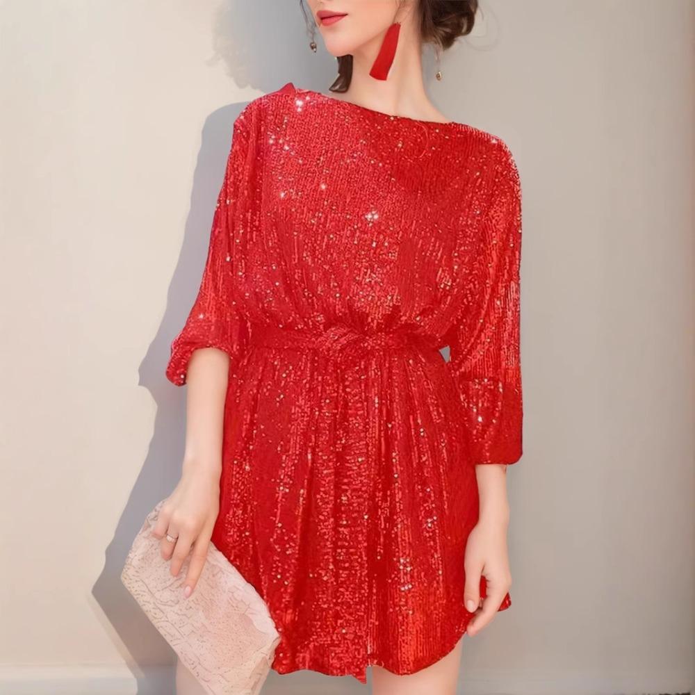 Women's Boat Neck Three Quarter Sleeve Mini Dress Loose Fit Solid Sparkly Sequin Party Club Dress With Waist Tie