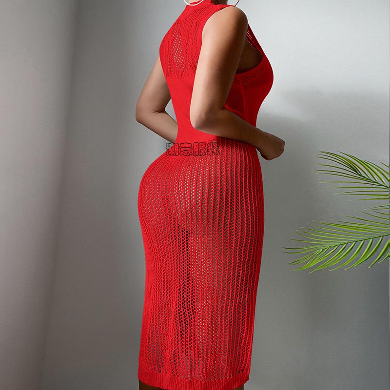 European & American Beach Vacation Sexy Solid Color Knit Split Sun Protection Maxi Dress