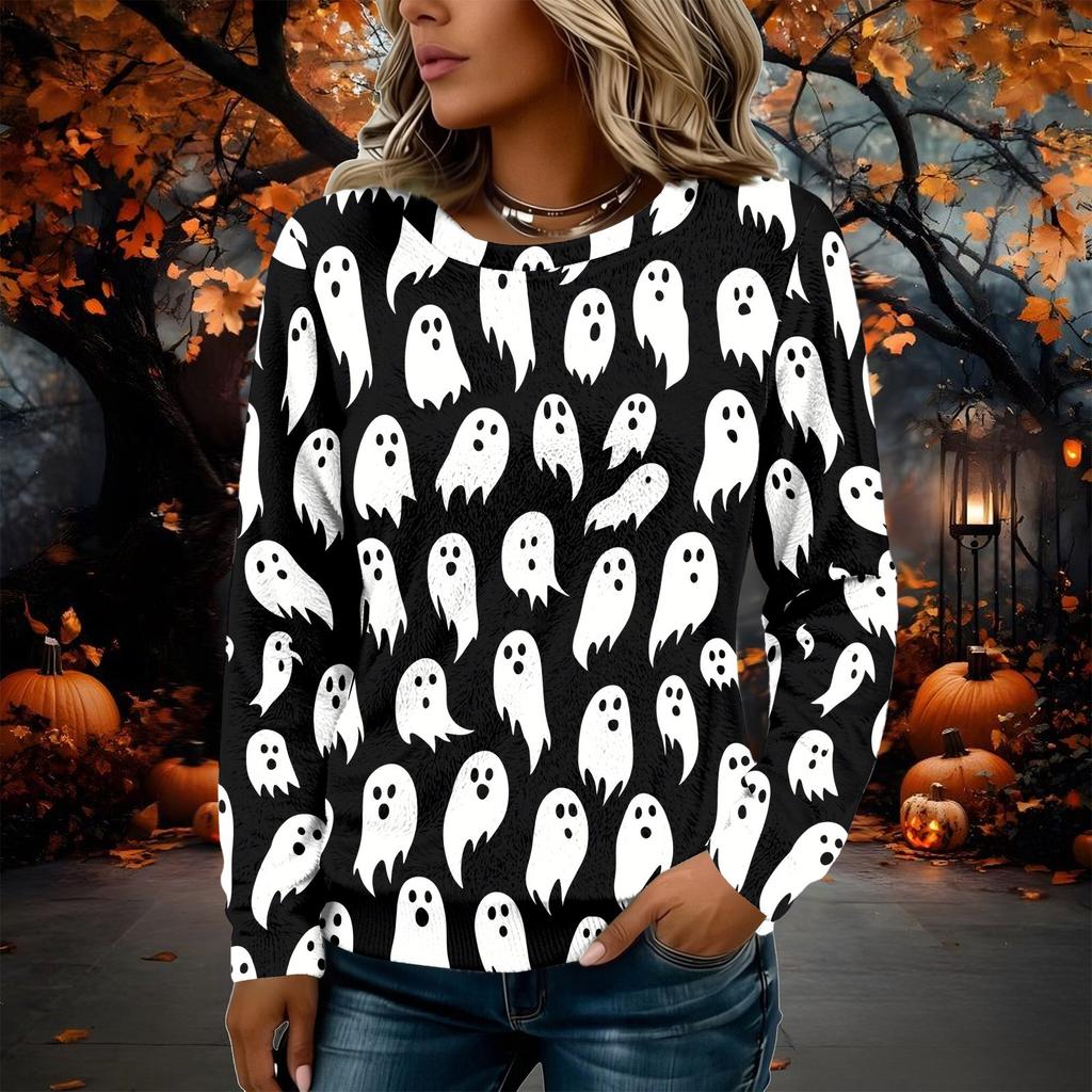 Women's Flannel Long Sleeve T-Shirt with Halloween Print Neck Casual Top