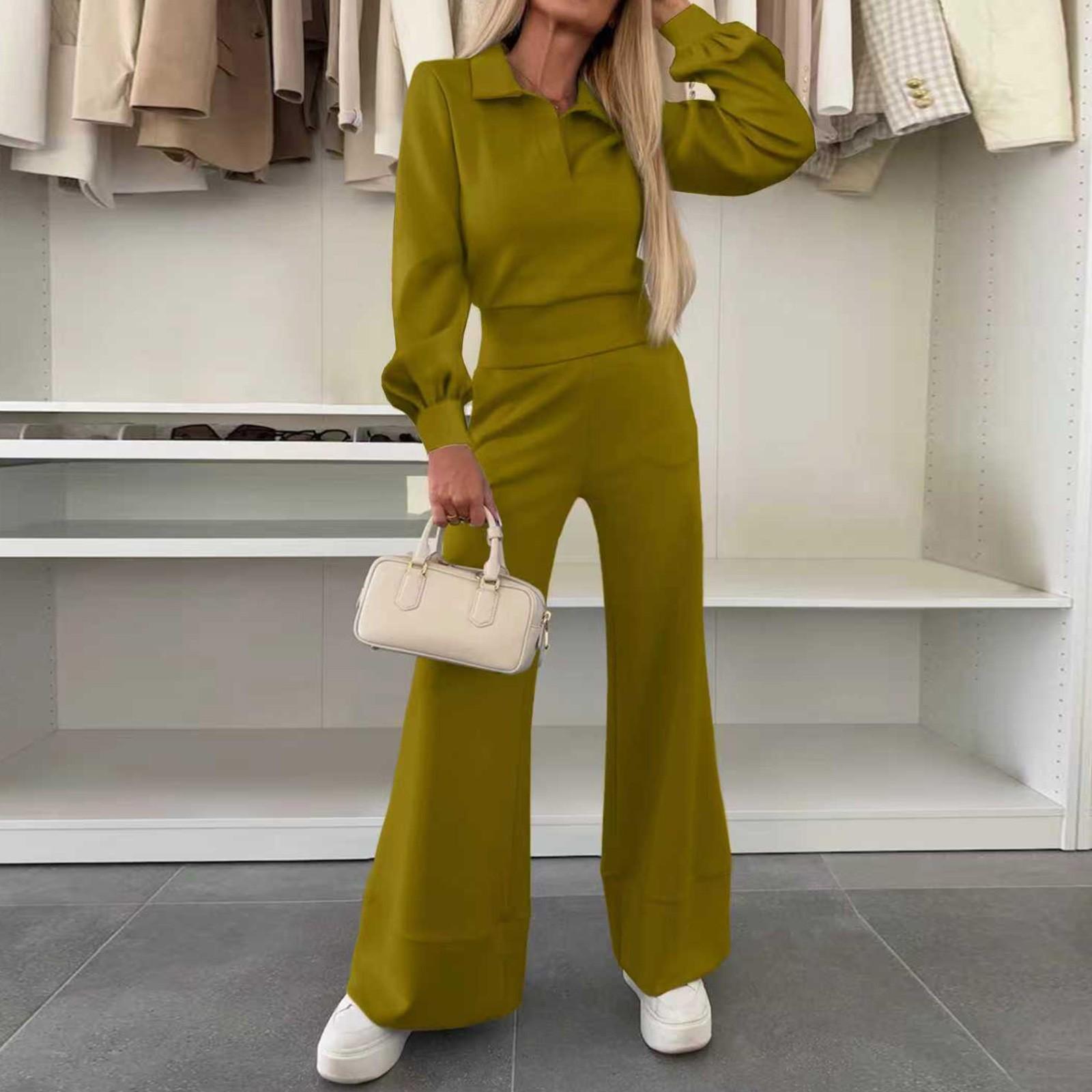 

Женская Мода Повседневный Домашний Однотонный Топ с Лацканами и Длинным Рукавом Эластичные Брюки с Широкими Штанинами Комплект из Двух Предметов L зелёный