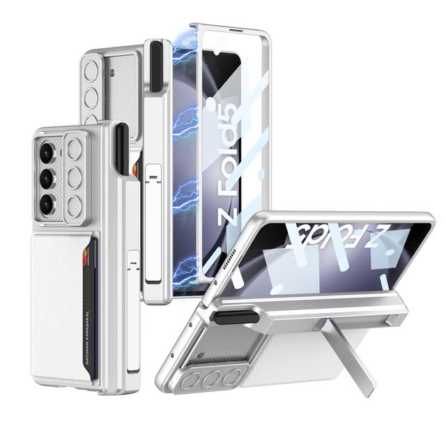 

С S Pen для Samsung Galaxy Z Fold 5 чехол-кошелек с магнитным шарниром кожаный чехол для карт сумка 360 полная защита подставка чехол For Galaxy Z Fold 5&case only (no pen) серебряный