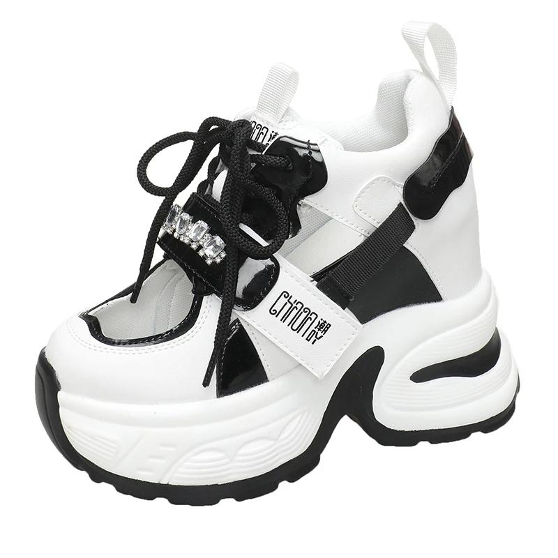 11CM Heels Women Thick Bottom Wedge Sneakers Hollow Out Gladiator Breathable New Summer Shoes Woman Bling Leather Chunky Sandals