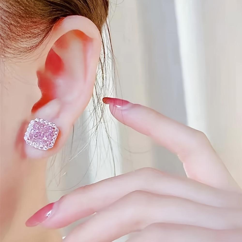 Pink Synthetic Gemstone Stud Earrings - Hypoallergenic, perfect for weddings, daily wear, and April birthdays.