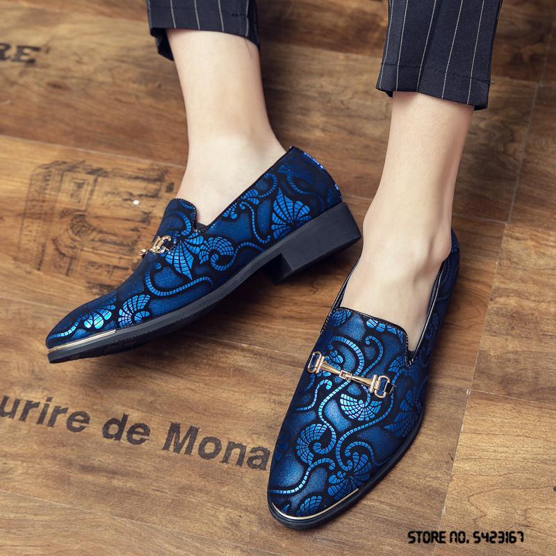Fashion New Men Dress Leather Shoes For Male Luxury British Gold Blue National Pattern Oxfords Classic Gentleman Wedding Prom Footwear