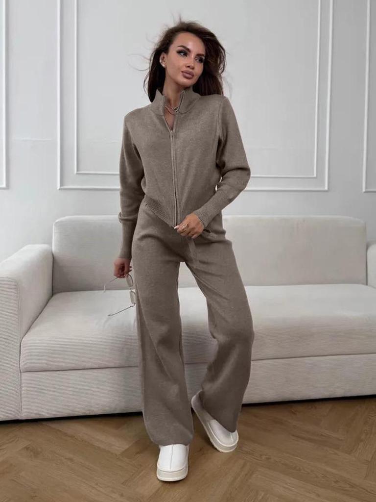 Women's Knitted Ribbed Zip Up Sweatshirt and Wide Leg Trousers Set In Pink