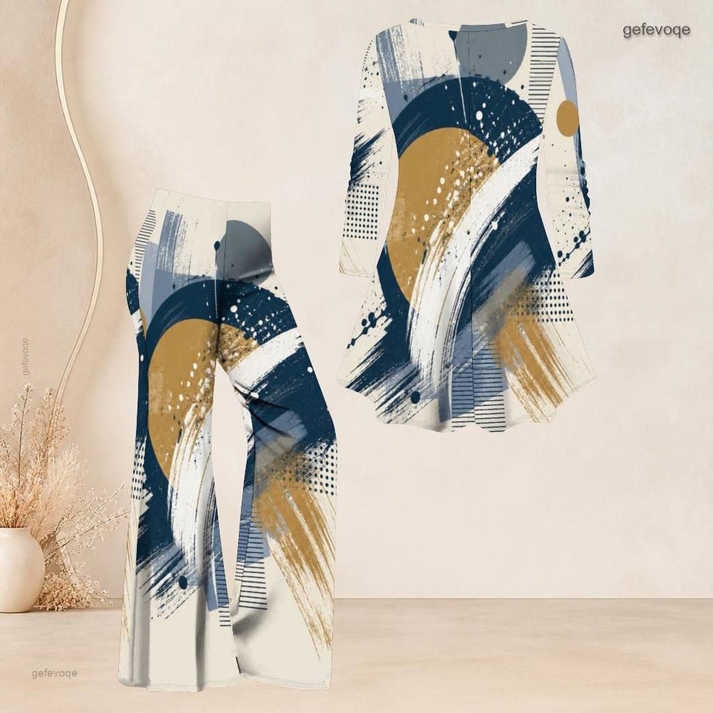 Women Plus Size V Neck Three Quarter Sleeve Printed Flared Top And Flared Pants Two Piece Set