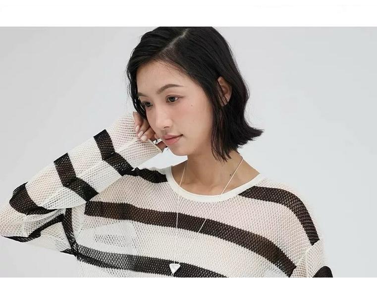 Women's Summer Striped Linen Knitwear: Openwork Long Sleeve Loose T-shirt Cardigan