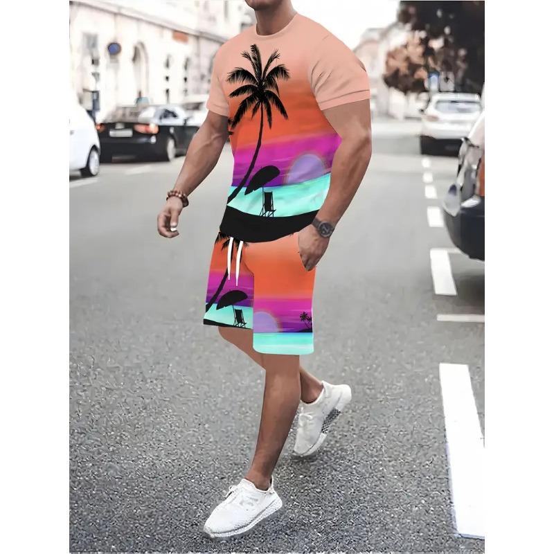 New Hawaiian Men's Beach T-shirt Shorts 2-piece Set Coconut Print Short Sleeve and Shorts Clothing Summer Holiday Men's Clothing