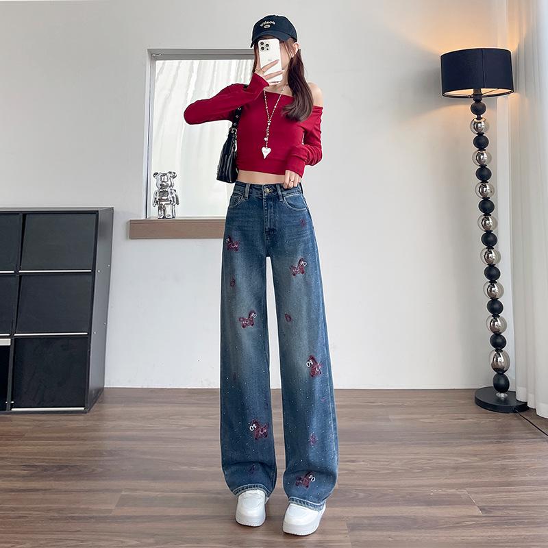 Women s Slimming Rhinestone Embroidered Jeans - Chinese-Style National Wind, Petite Fit, Perfect for Spring & Autumn. Large