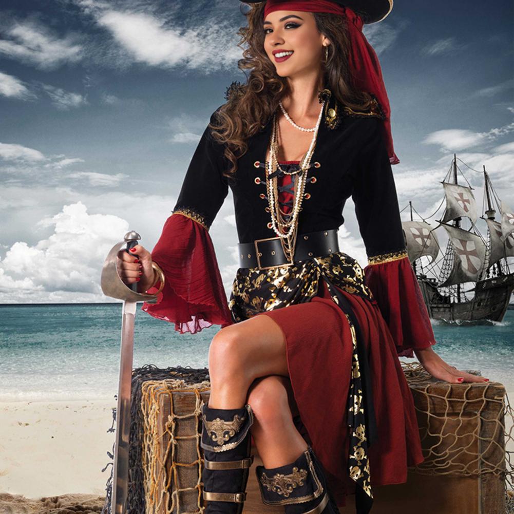 Halloween Cosplay Dress Pirate Queen Dance Party Stage Performance Costume Bell Sleeves Irregular Hem Lace-up Strap Belted Waist