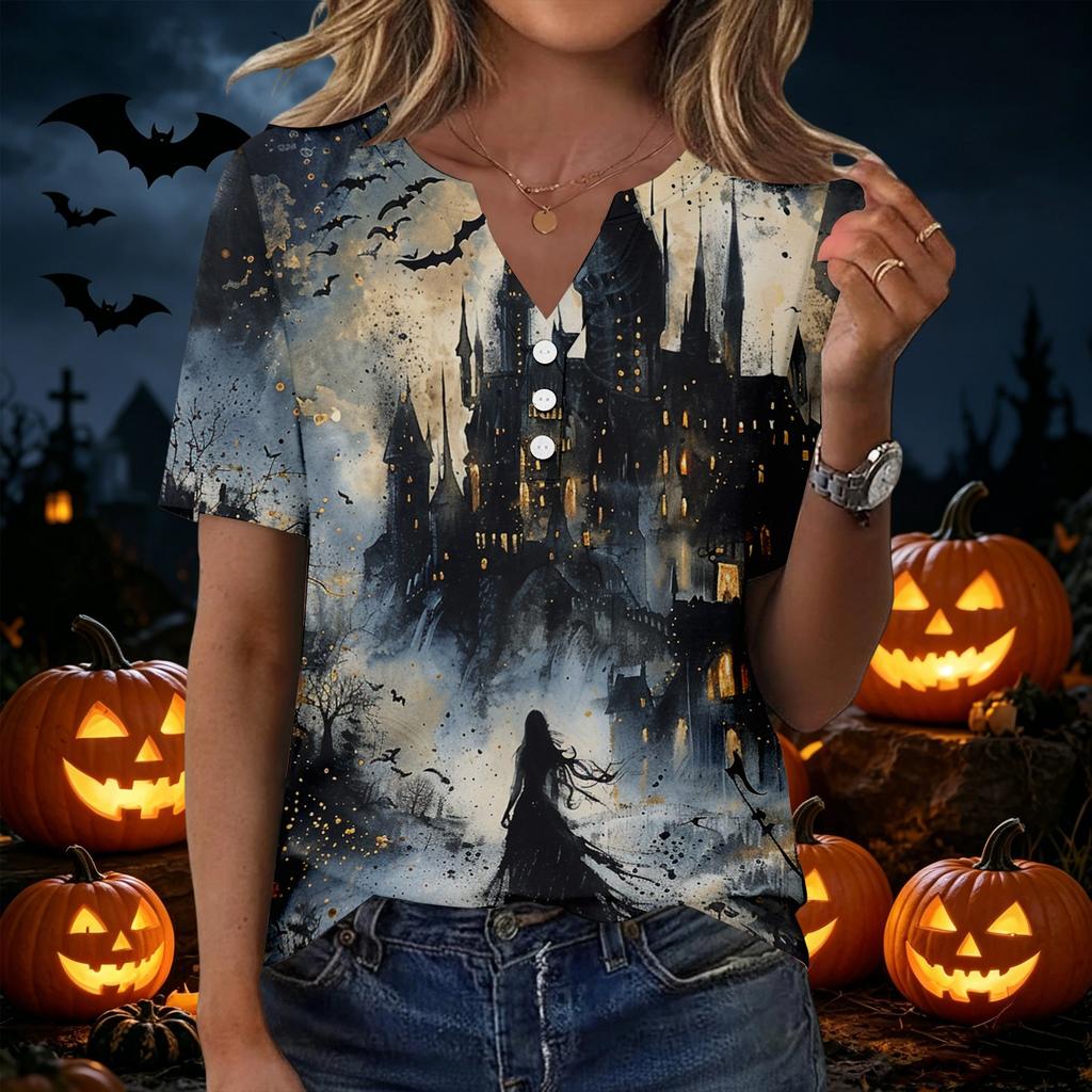 Women's Casual Halloween Print V Neck Short Sleeve T Shirt with Decorative Buttons Gothic Style Relaxed Fit Top for Everyday Wear