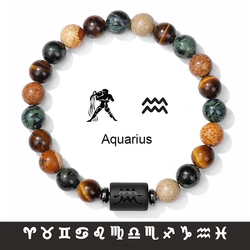 Natural Stone Tiger Eye Picture Jasper Round Beads 12 Constellation Bracelet for Men and Women Zodiac Signs Bracelet Aries