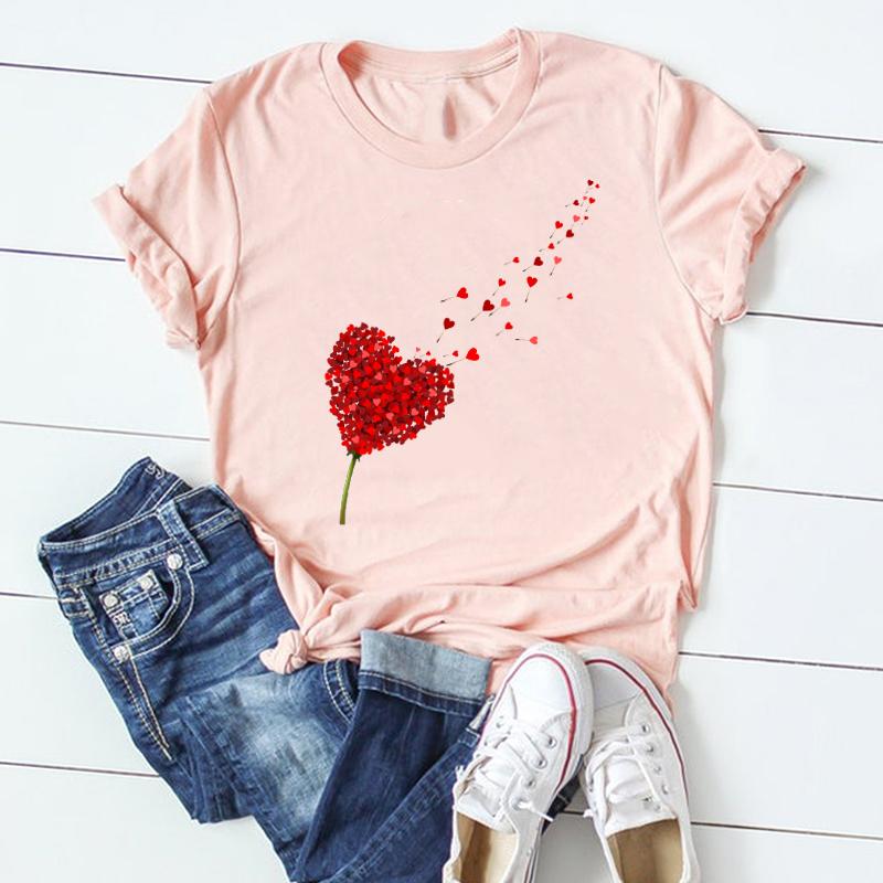 (Asian Size) Tee Top Clothing Casual Love Heart Valentine Short Sleeve Fashion Tshirt 90s Women Print Summer Lady Female Graphic T-shirt