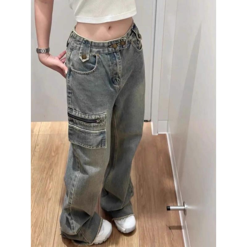 Amerikanska High Street Fickförsedda Arbetsjeans Dam Vår Höst Nya Höga Midja Knäppning Design Mångsidiga Vida Ben