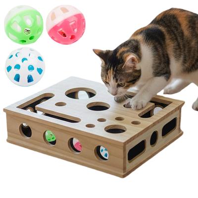 Interactive Wooden Cat Toy Maze Game Pet Self-Entertaining Toy with 3 Balls & Nail Grinding Pad for Kittens Cats Indoor Playing