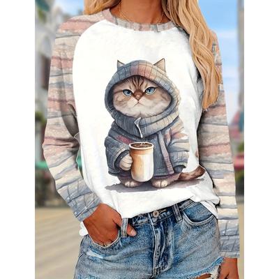 Lässiges Damen-T-Shirt mit Rundhalsausschnitt und langen Ärmeln, bedruckt und in Farbblockdesign für Frühling und Herbst