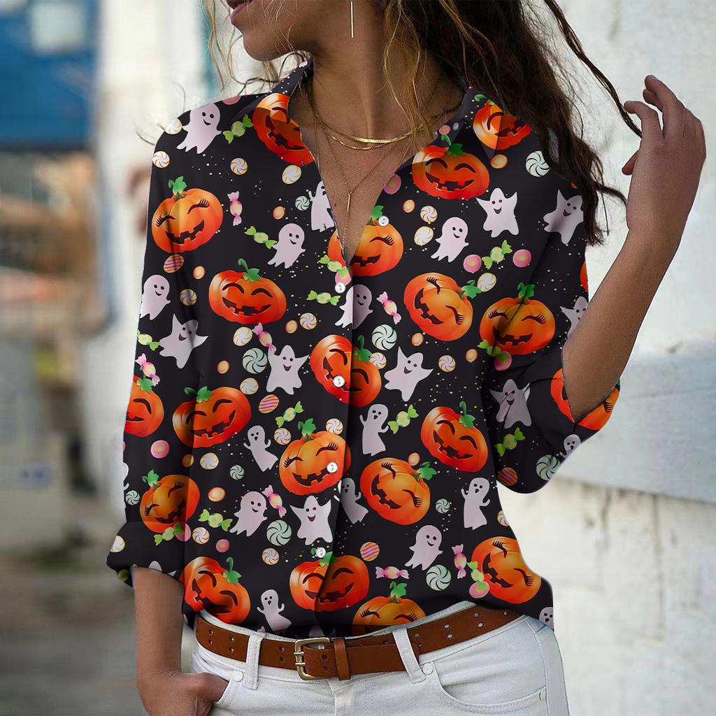 Halloween Print Women Blouse Spring Autumn Femme Office Lady Button Up Turn Down Collar Shirts