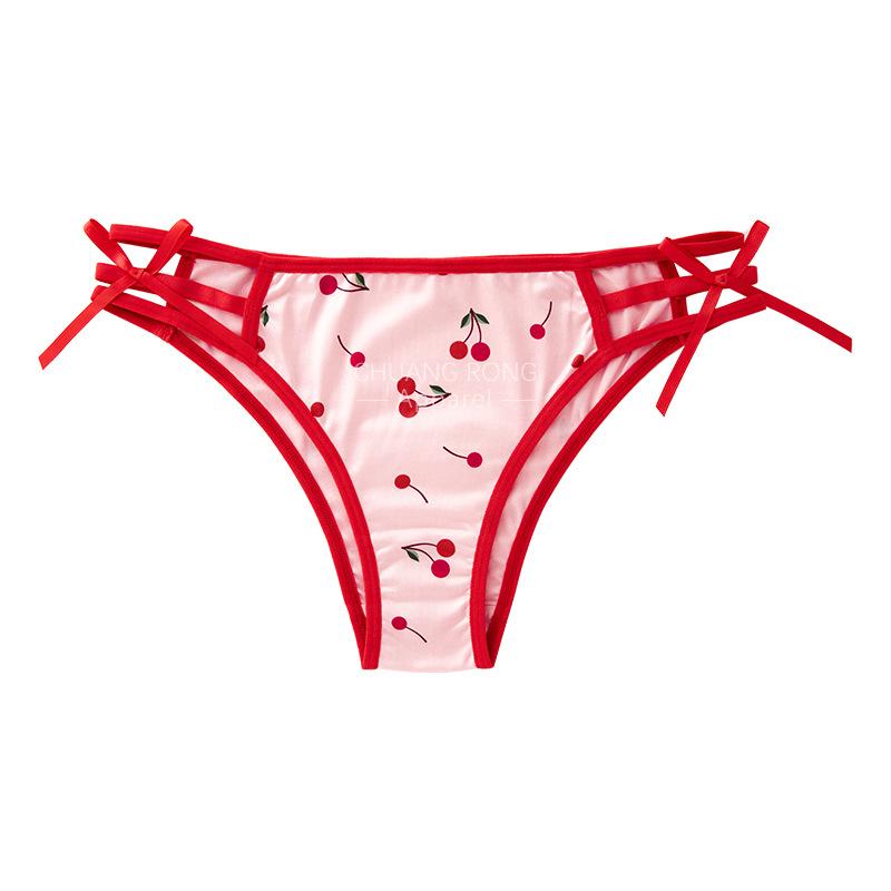 

Japanese cherry print thin strap briefs women s low waist red bow sweet thin breathable girl panties XL