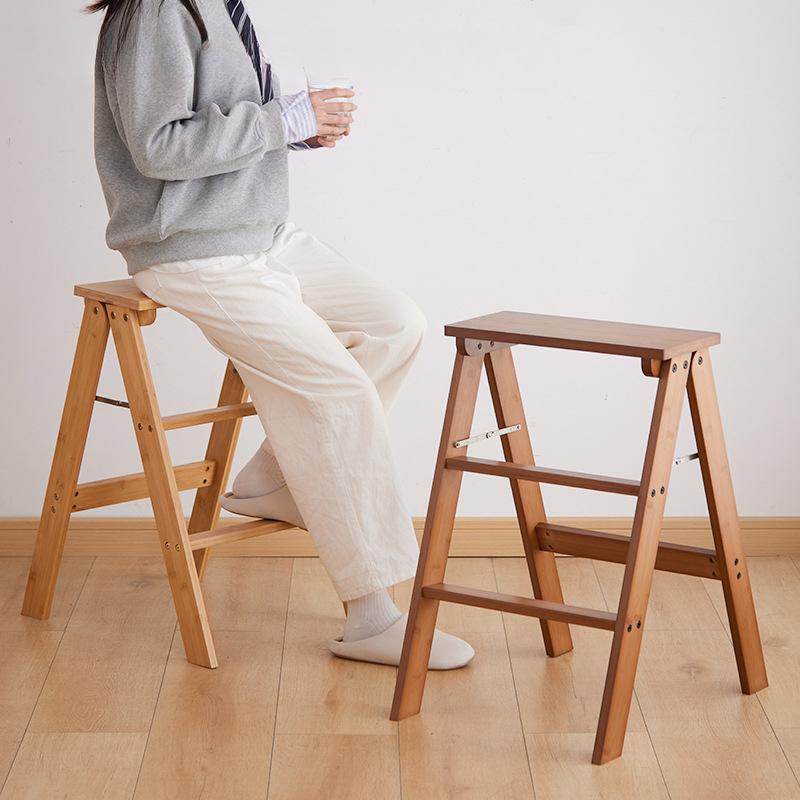 Household Solid Wood Folding Ladder Folding Chair Thickened Climbing Wooden Step Stool (Natural Wood Color)