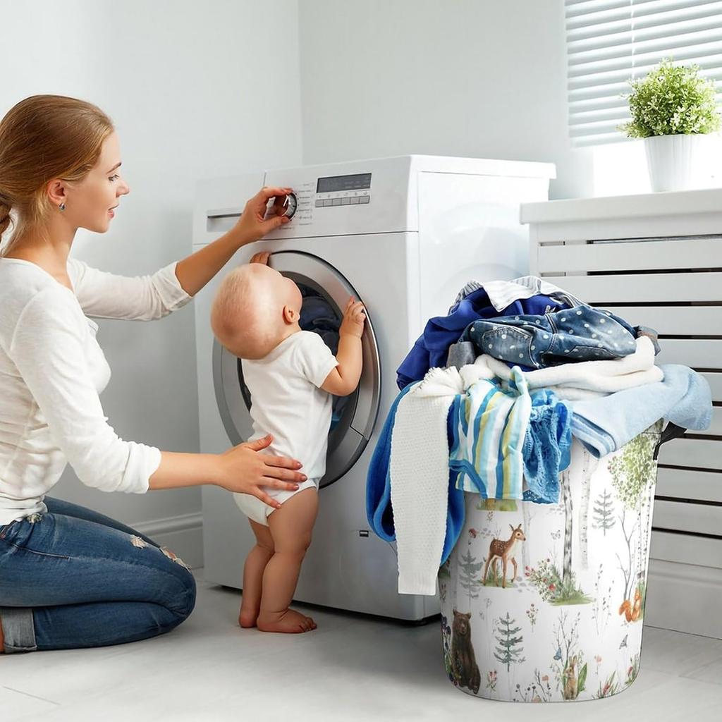 Woodland Animals Laundry Basket,Collapsible Clothes Hamper Waterproof Forest Fox Bear Deer Storage Basket with Handle Kids Room Jungle Deer Laundry