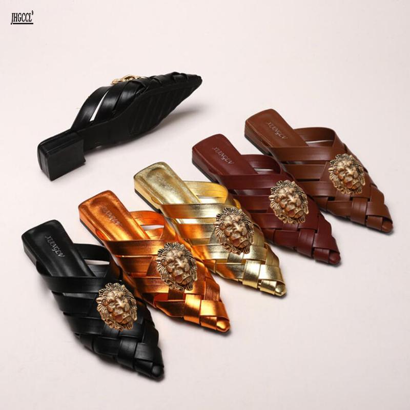 Fashion Hollowed-out Woven Pointed-toe Flip-flops for Women, New Thick-heeled Fashion, Closed-toe Half Slippers, Mules T77