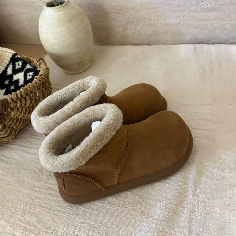 Cowhide Version~ Retro Round Head Ugly Cute Short Boots Women's Velvet Low-top Snow Boots Warm Large Cotton Shoes Thick-soled Fluffy Boots