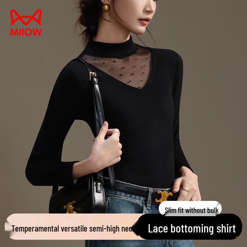 Mao Ren French Elegant Lace Mesh Semi-High Collar Long Sleeve Top