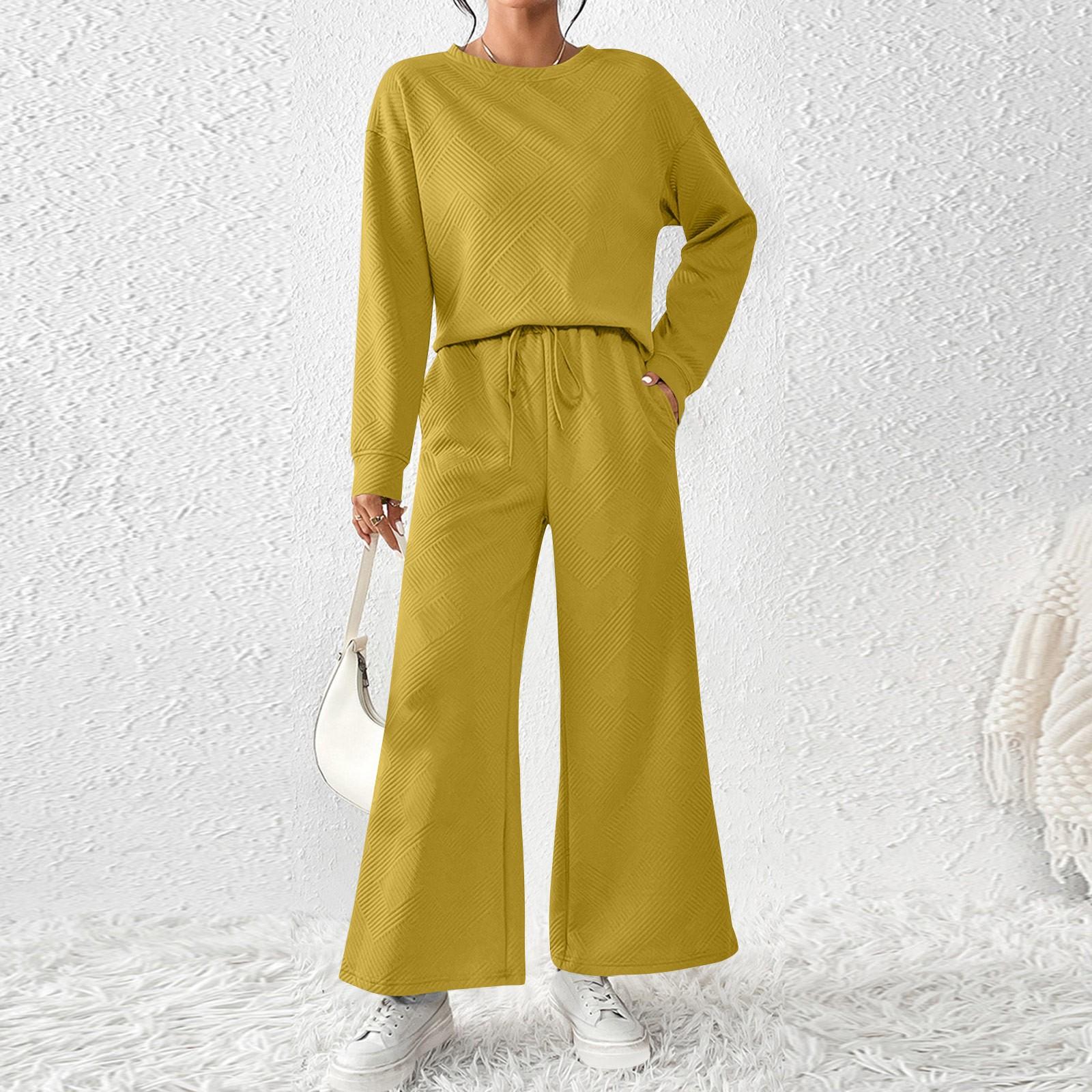

Женский однотонный темпераментный повседневный свободный текстурированный спортивный костюм с эластичной талией и завязками на талии XL жёлтый
