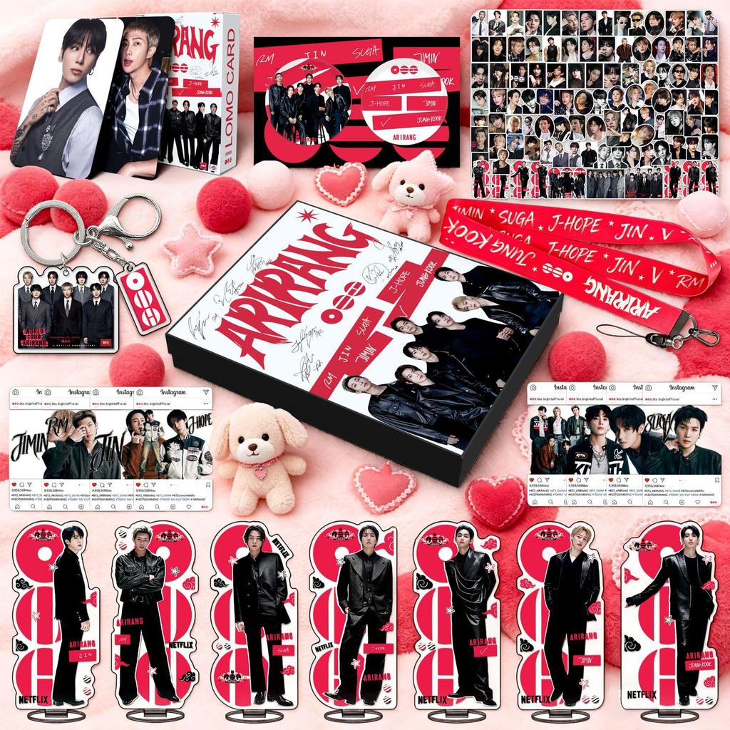 Deluxe Kpop BTS Arirang Support Geschenkbox | 7 Stück Acryl-Ständer, Lomo-Karten, Schlüsselanhänger, Lanyard, Abzeichen-Foto-Set | BTS Album Merchandising für Fans