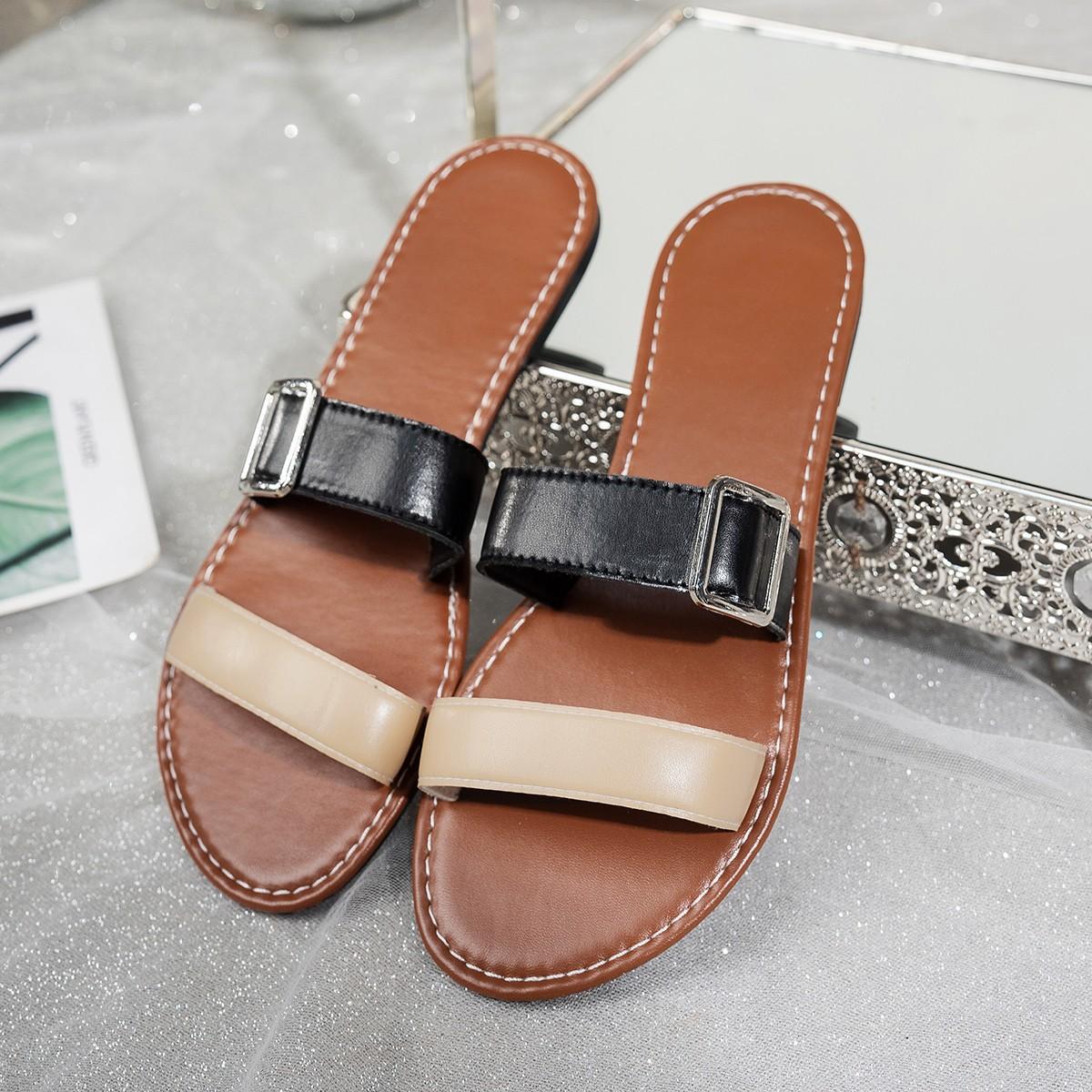 

Большой размер домашние тапочки женские 2025 лето новые тапочки пряжка ремня повседневные пляжные на плоской подошве сандалии 43 светло-коричневого