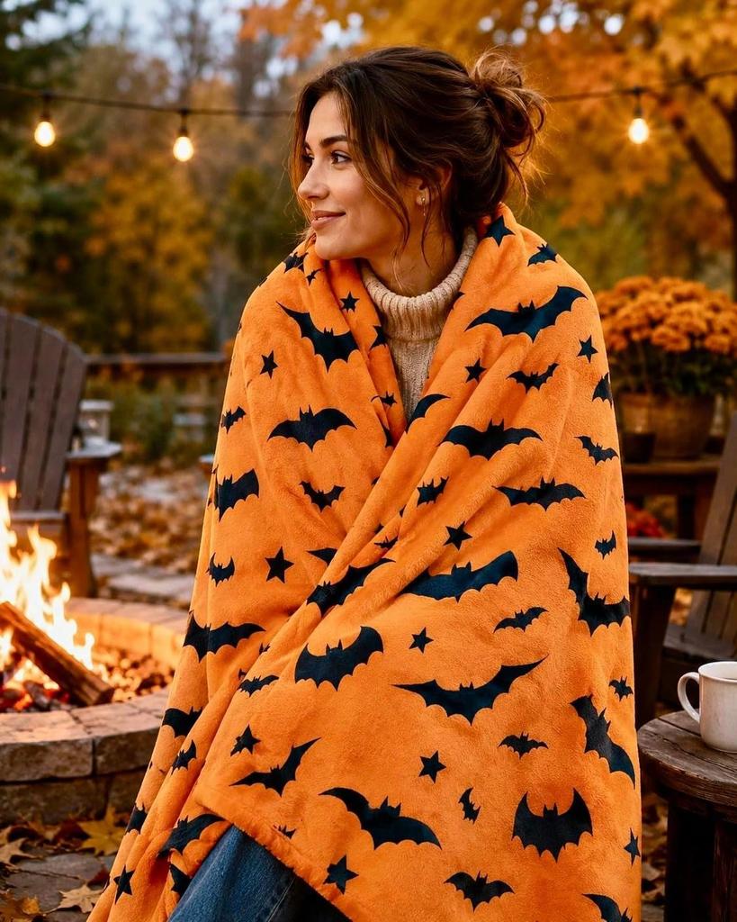 Halloween Bat Star Flannel Throw Blanket Orange Background Pumpkin Holiday Decor Sofa Blanket