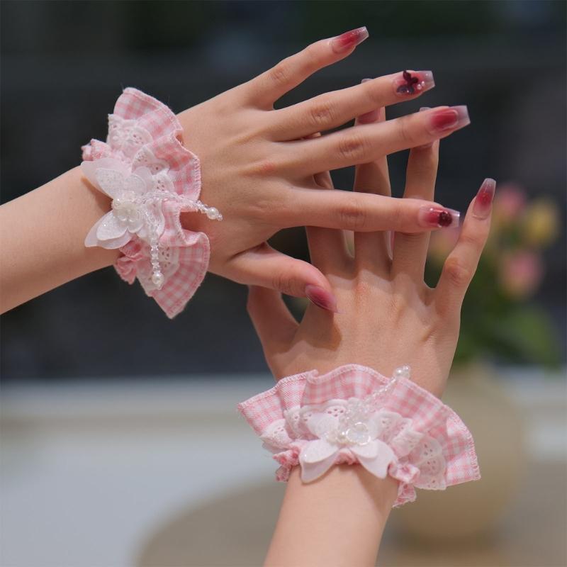 Spitzen Rüschen Dekorative Ärmel Handgelenkabdeckungen Mit Karomuster Schleifen Dekorationen Für JK Uniform Und Cosplay Kostüm Zubehör