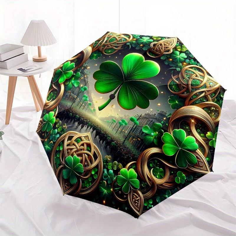 Irish Clover Festival Ornament, Celtic Shamrock Decorative Wall Hanging Umbrella, Cute Umbrella with Cute Design, Portable 3-Fold Compact Umbrella for