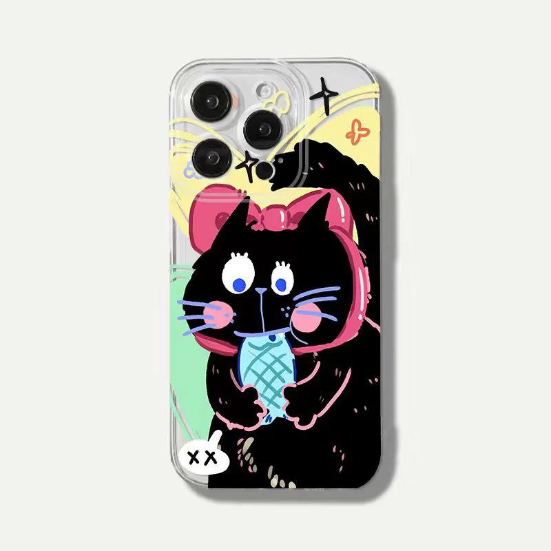 Cute Black Cat Strawberry Drink Clear Phone Case for iPhone 17 16 15 14 13 12 11 16E Series Pro Max Plus Double Layer Protection