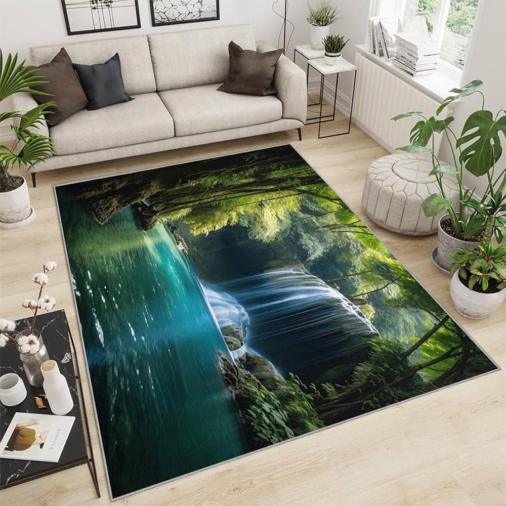 Forest Landscape Print Area Rug Soft Flannel Washable Floor Mat for Living Room Bedroom Entryway Nature Themed Home Decor