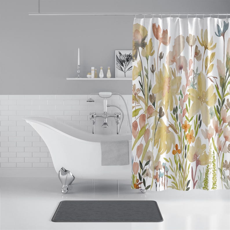 

Auburn Lush Flower Garden Print on Shower Curtain | Botanical Watercolor Print Shower Curtains | 71x74 in 90X180cm