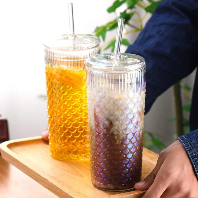 Fish Scale Pattern Cover Band Straw Glass Summertime Cold Water Bottle Milk Tea Cup High Appearance Level Juice Glass Coffee Cup