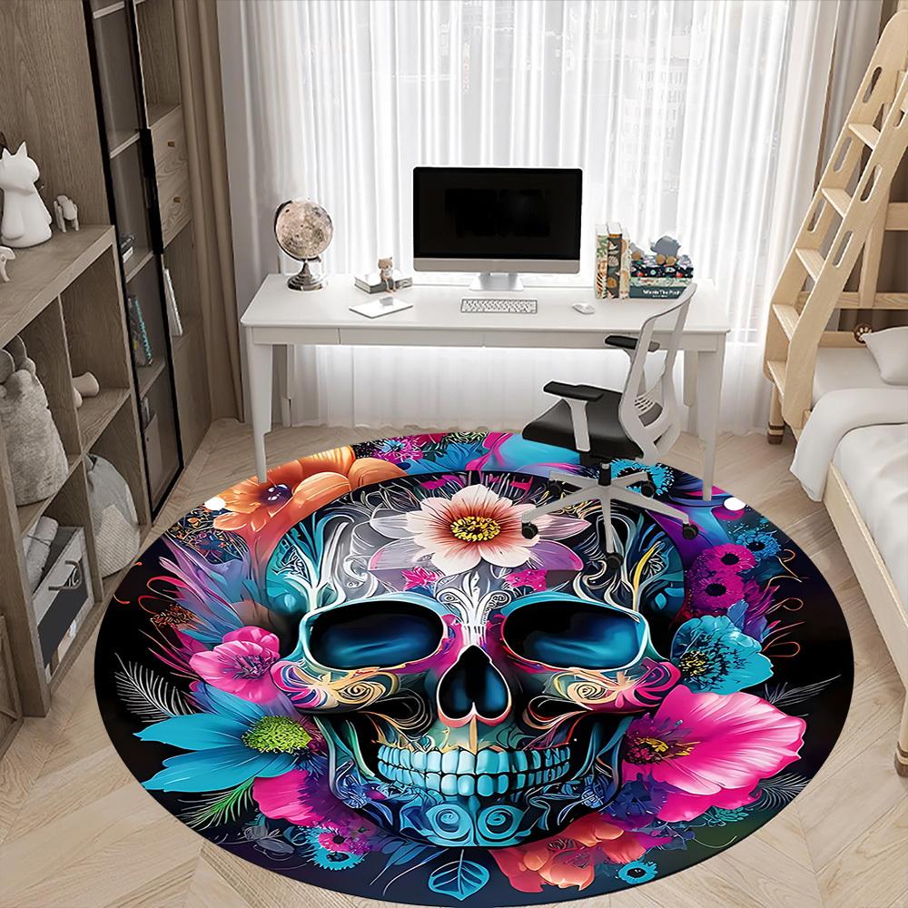 1pc Skull Flowers Office Round Area Rug,  Mat Suitable For Office, Under Office Chairs Bedroom Living Room Home Decor, Room Deco