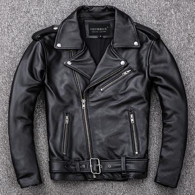 Spring Classical Motorcycle Oblique Zipper Jackets Men Leather Jacket Natural Calf Skin Thick Slim Cowhide Moto Jacket Man