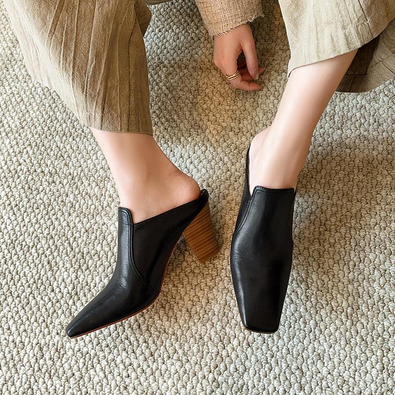 Fashion 2025 Summer New Baotou Half Slippers Women Wear Muller Shoes Thick Heel High Heel Sandals Women's Slippers Genuine Leather Shoes